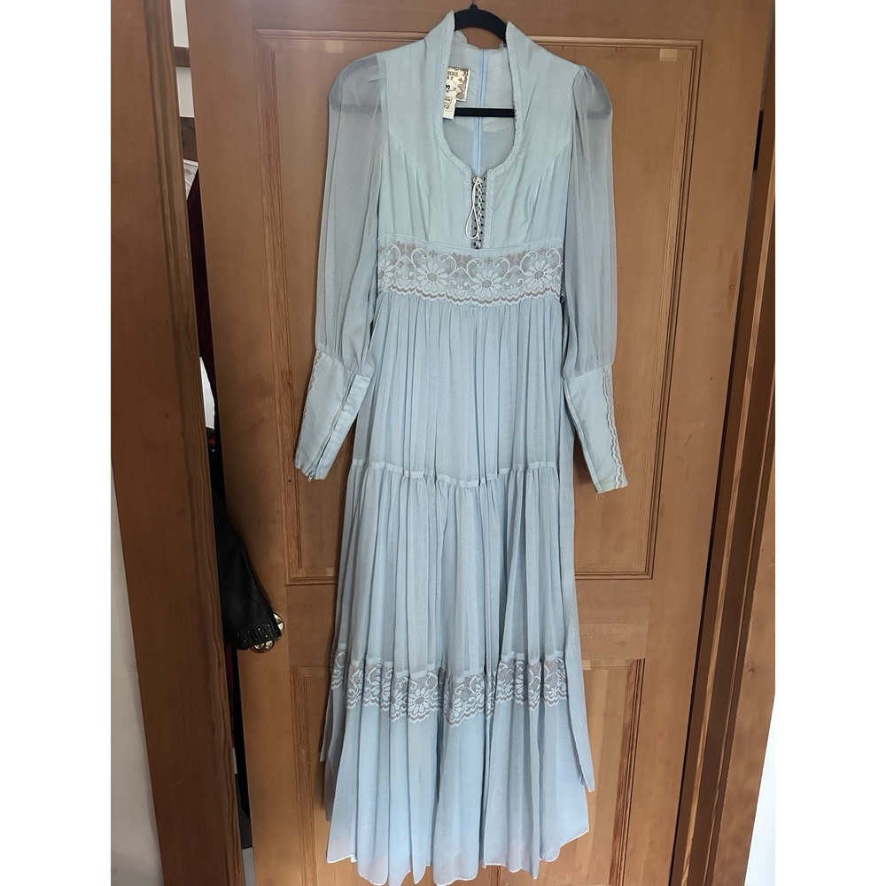 Vintage Gunne Sax Blue Dress 7 Cottage Lace Corset Lace Prairie - Picture 1 of 6
